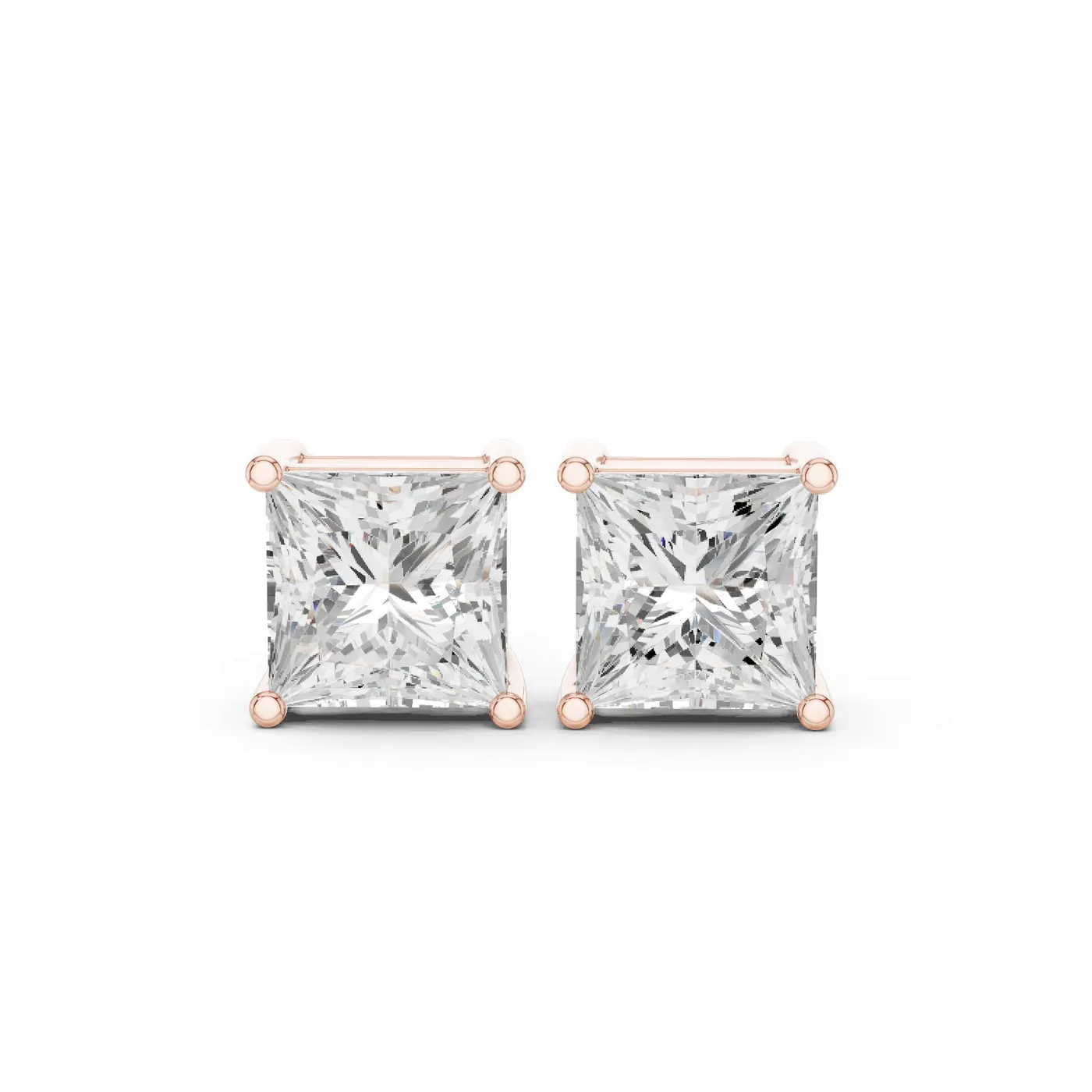 Boucles d'oreilles Puces Camélia en or rose 18 carats, deux diamants princesse de 1,00 à 1,50 ct chacun, vue 1